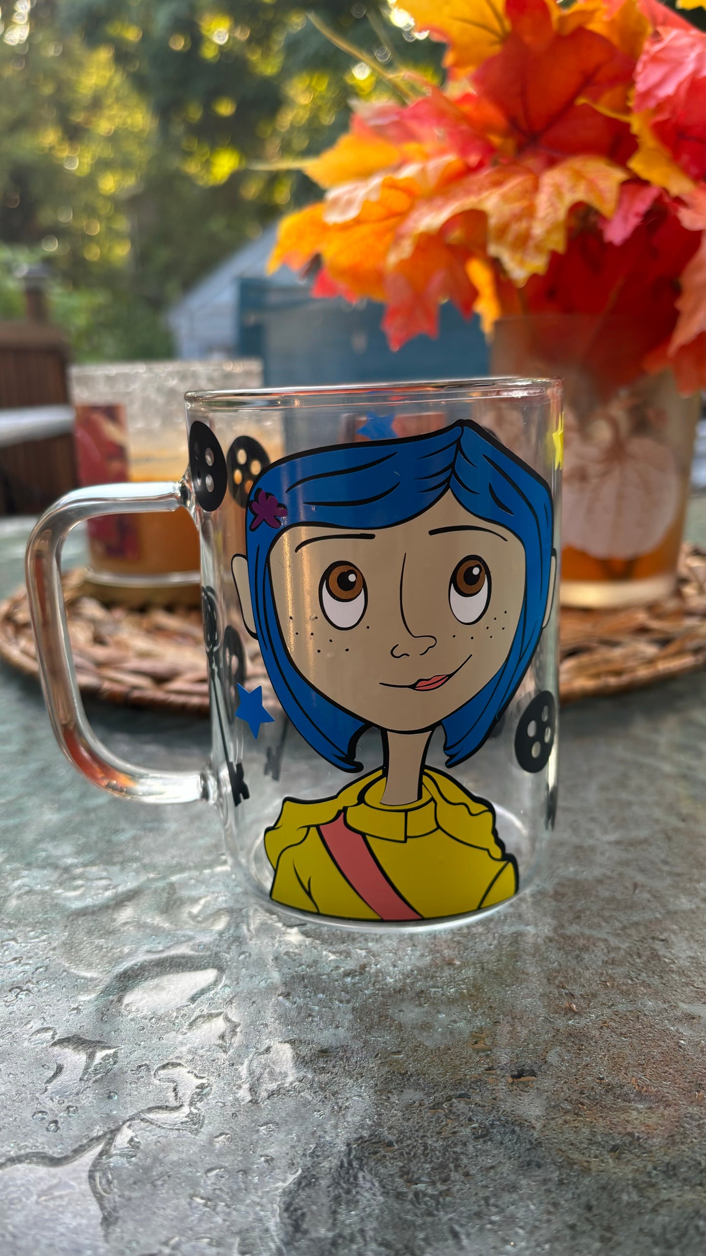 Coraline inspired glass mug