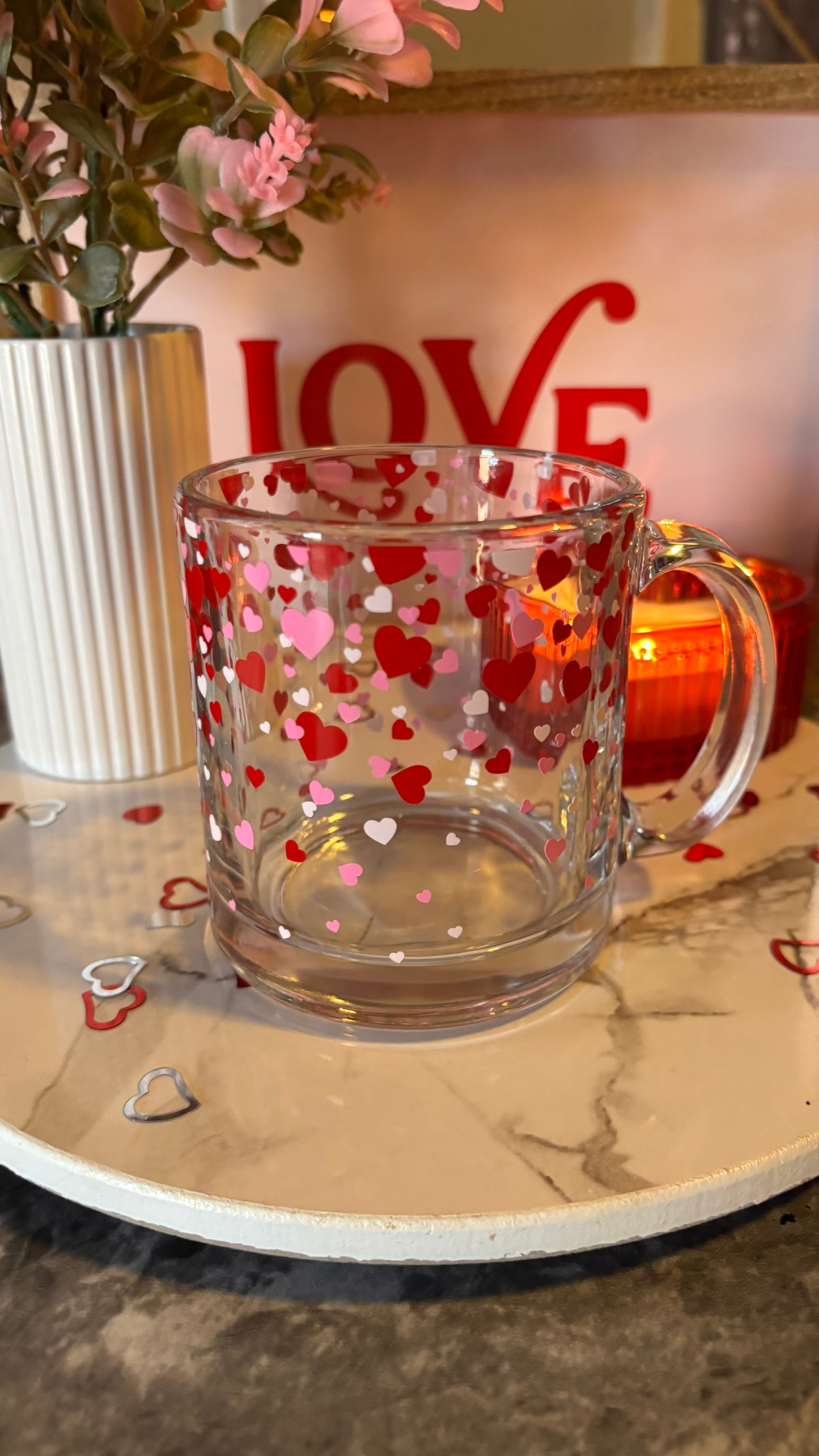 Confetti hearts glass mug