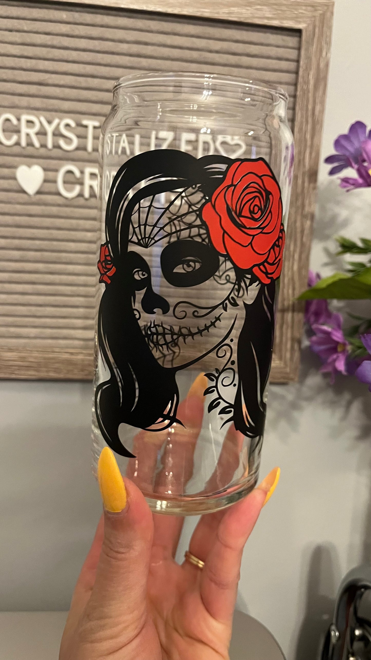 Lady sugar skull glass cup