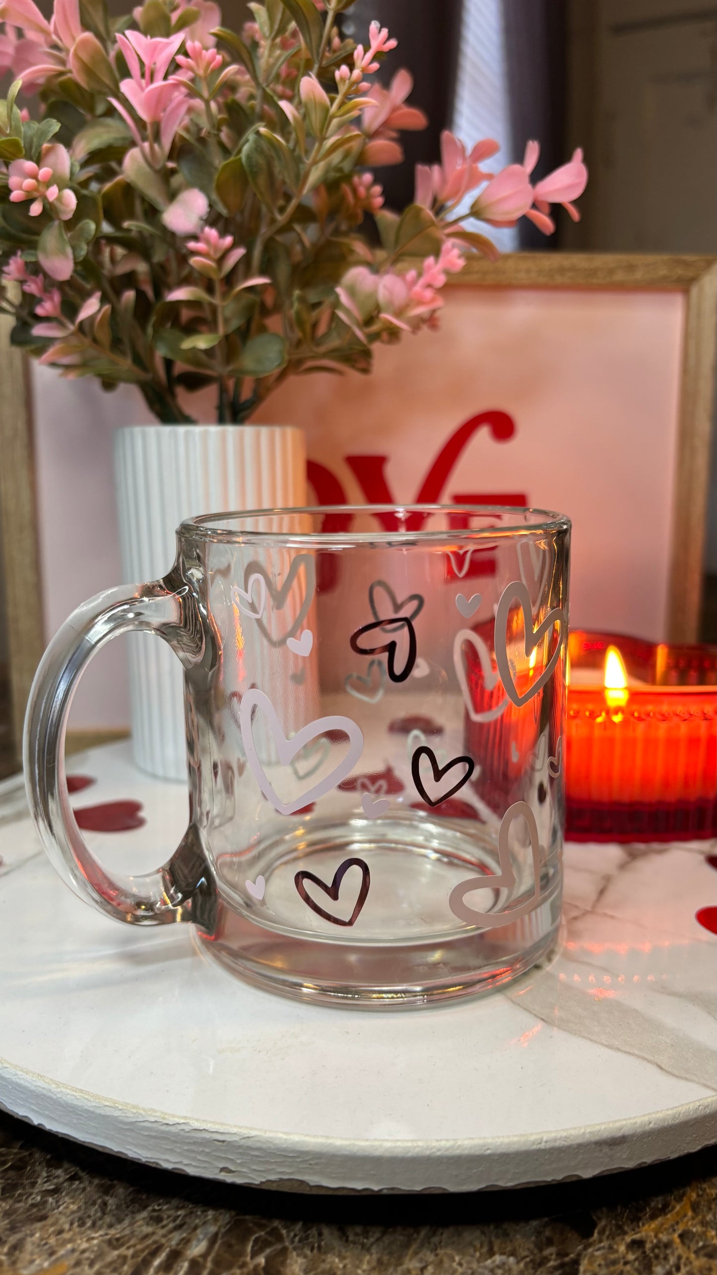 Pink hearts glass mug