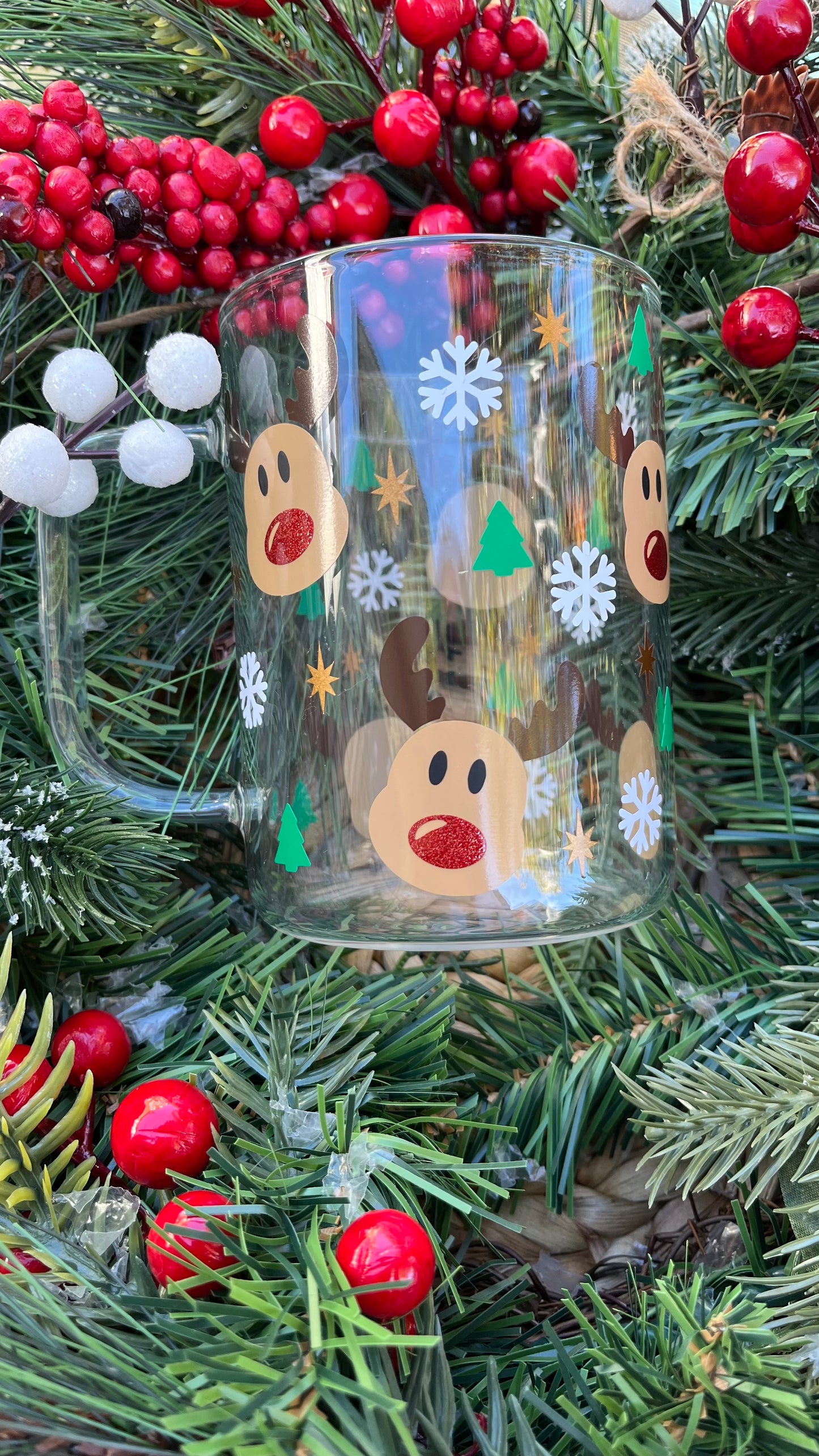 Cute reindeer 16oz glass mug