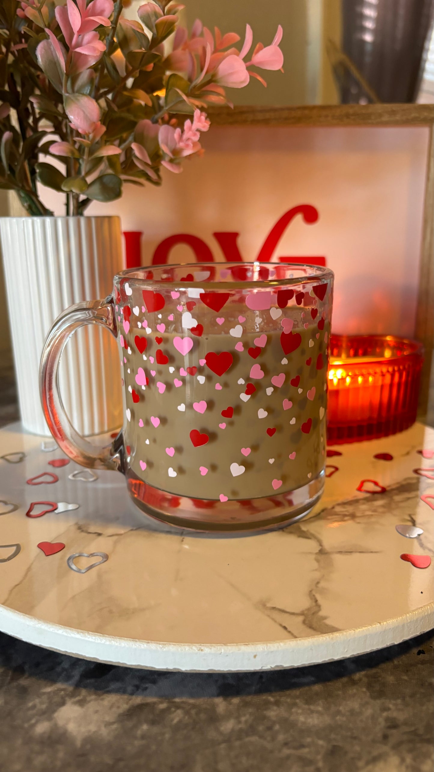 Confetti hearts glass mug