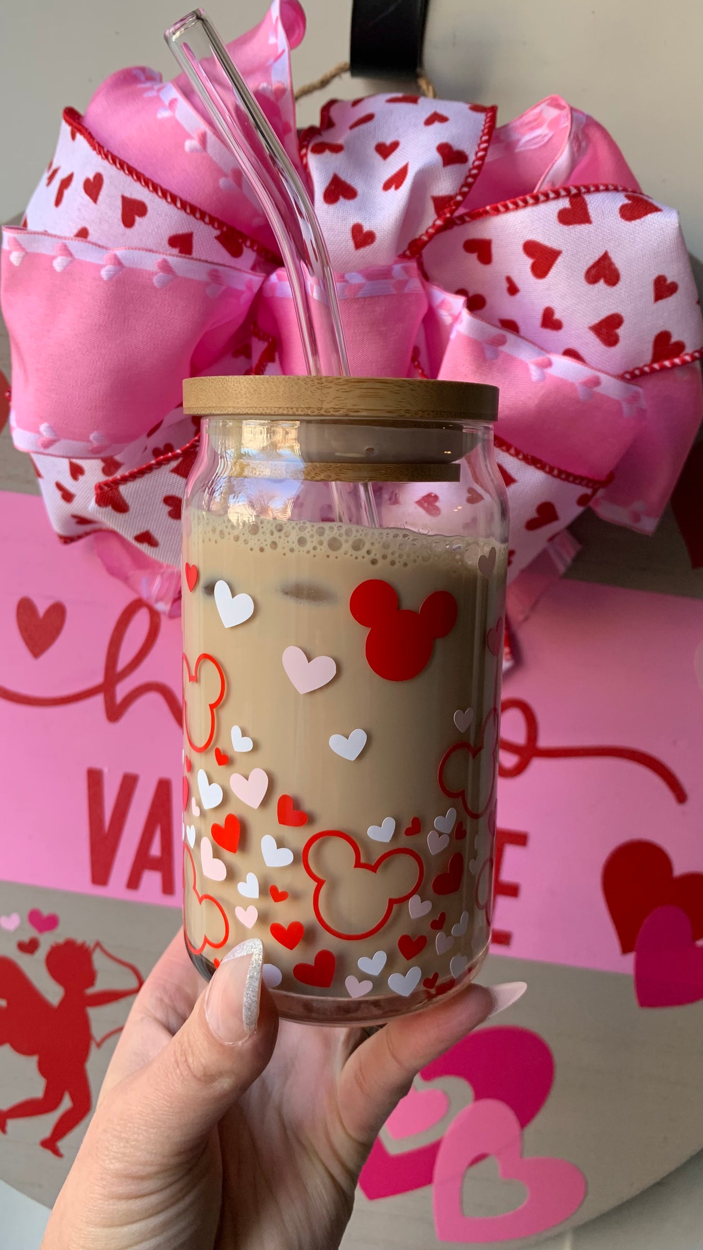 Mouse ears and hearts glass cup