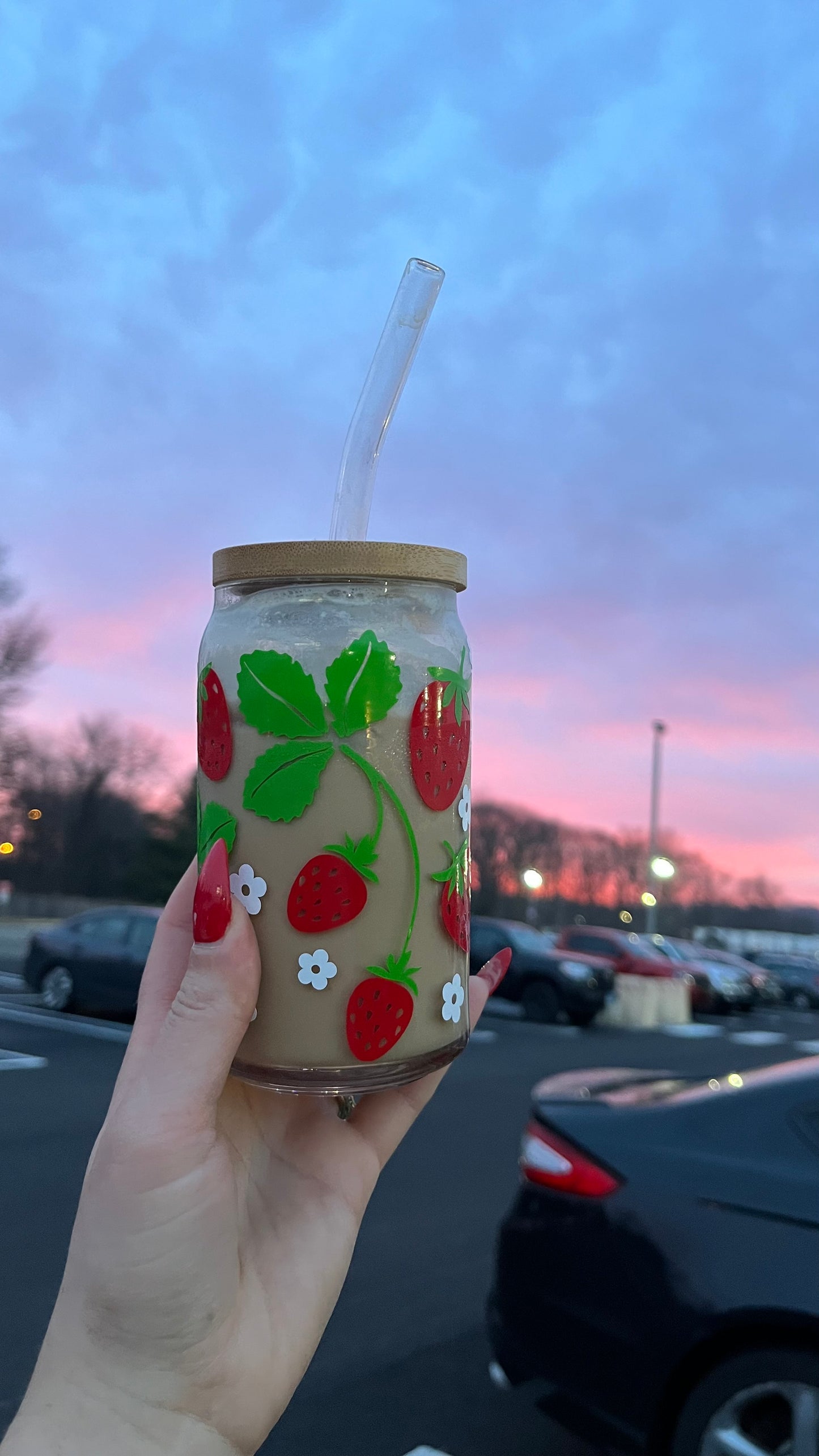 Strawberry flowers glass cup