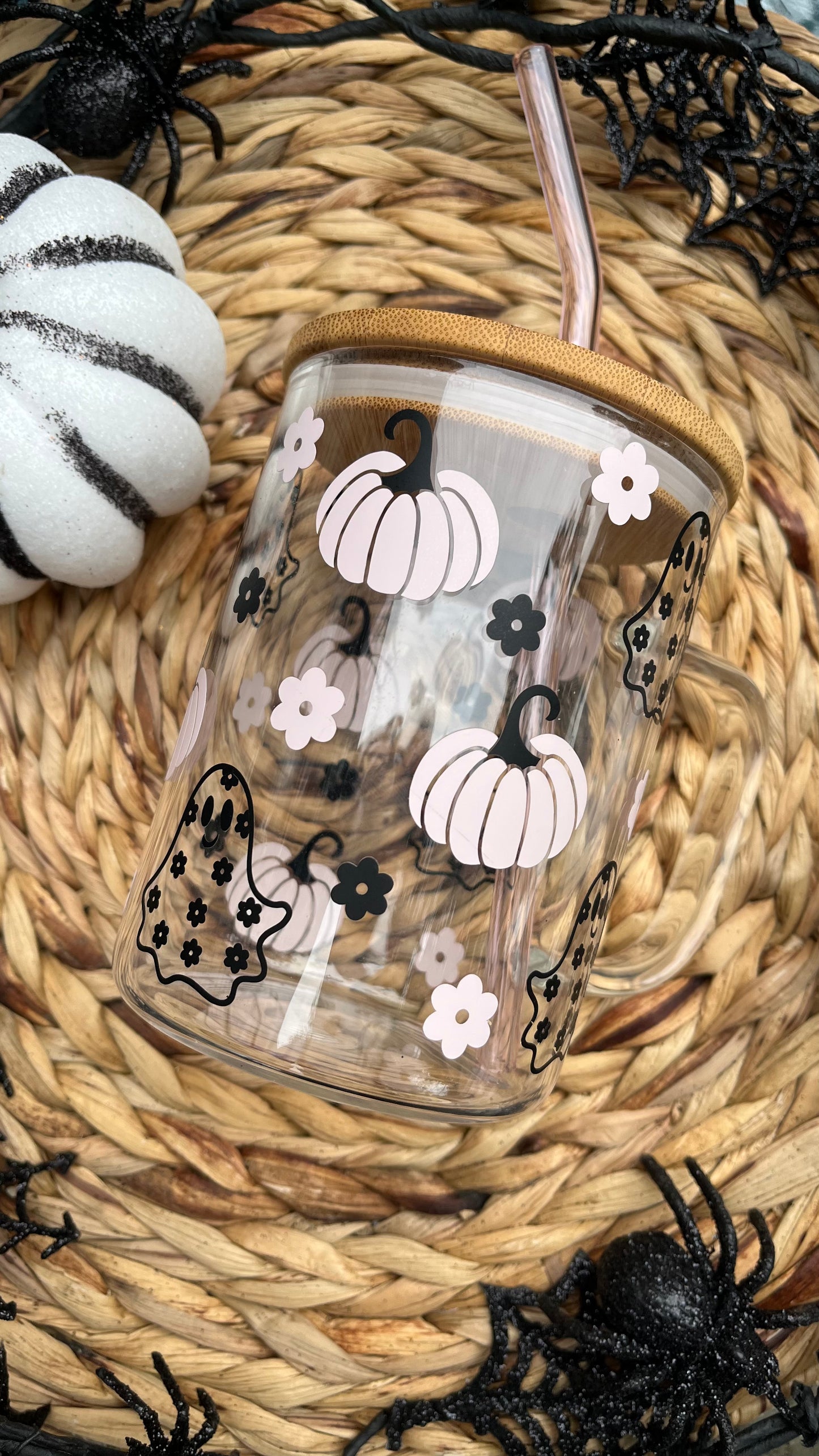 Flower ghosts and pumpkins mug