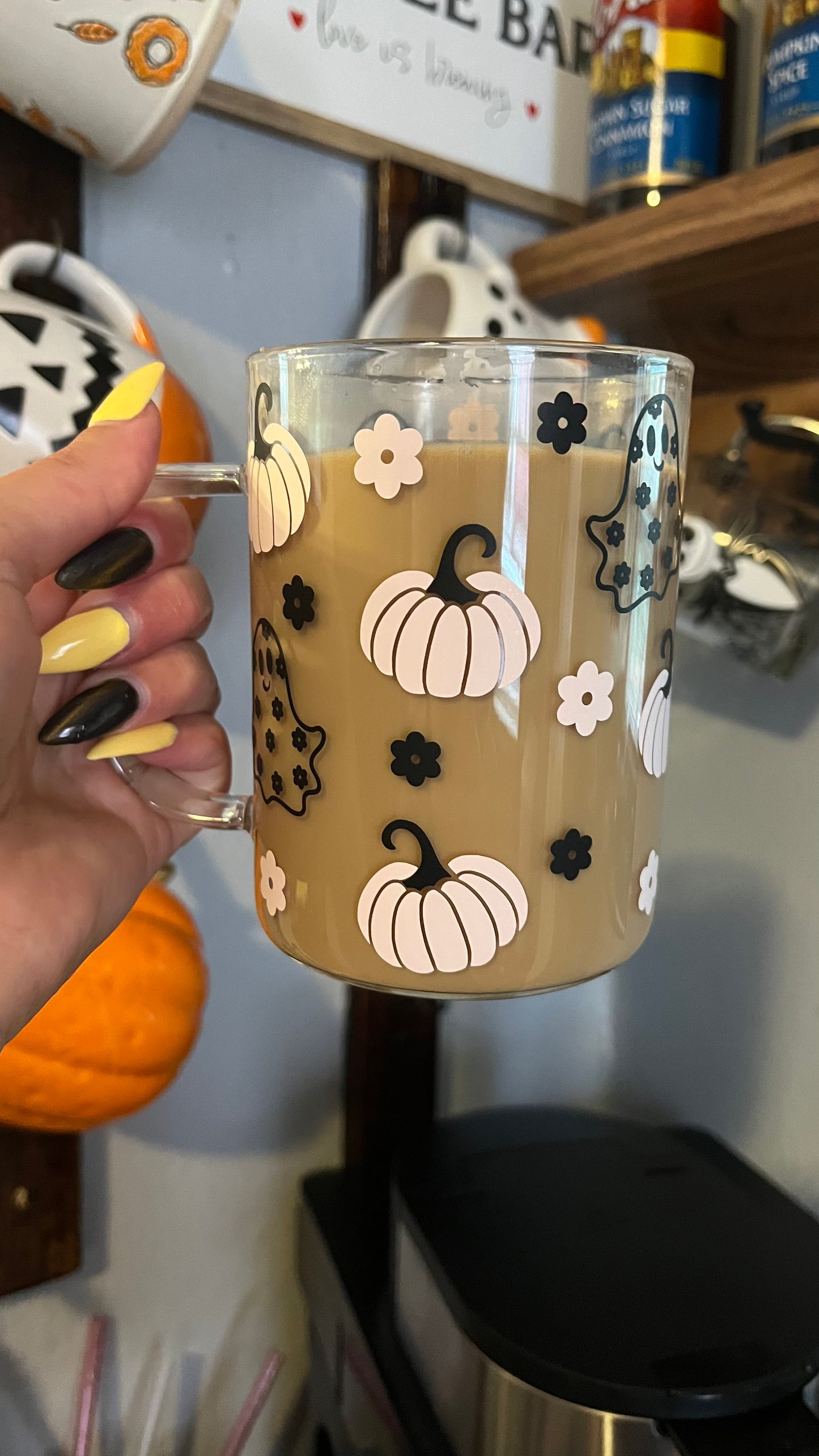 Flower ghosts and pumpkins mug