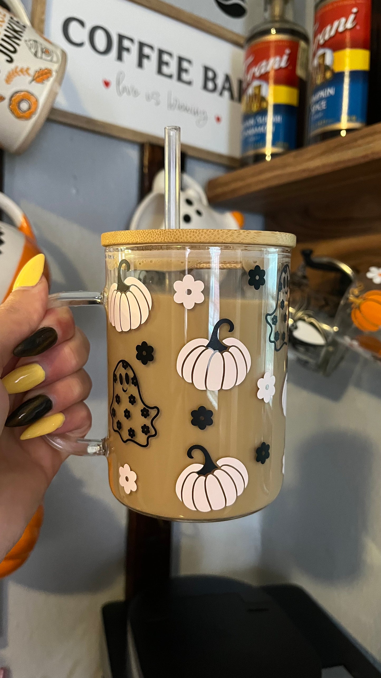 Flower ghosts and pumpkins mug