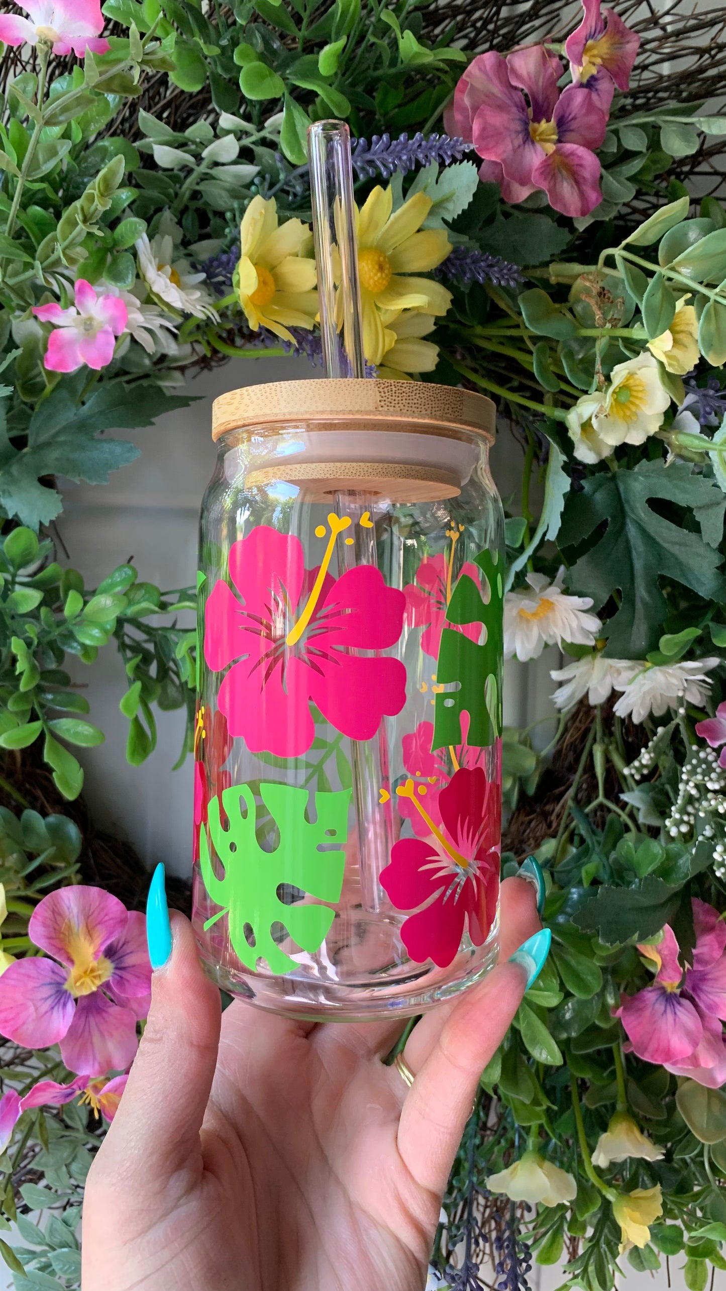 Pink hibiscus glass