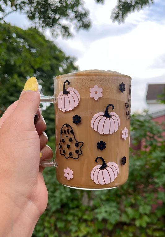 Flower ghosts and pumpkins mug