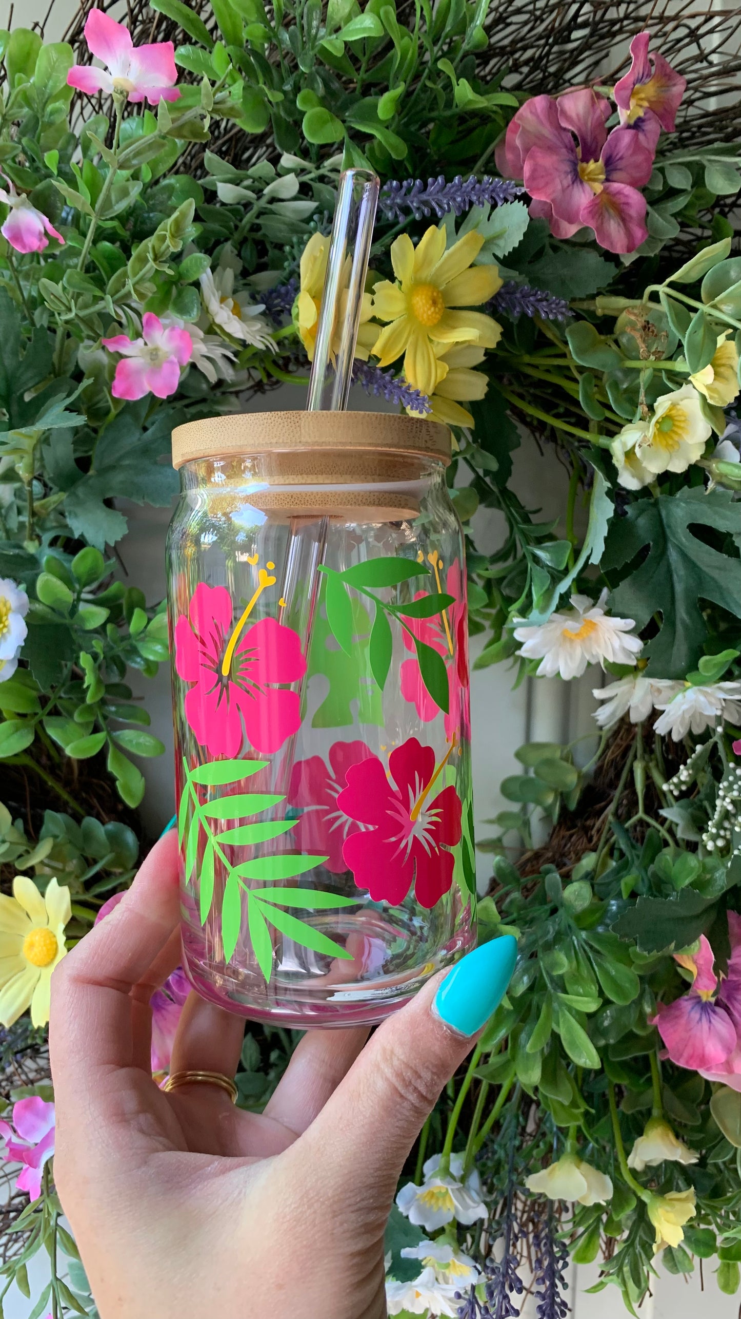 Pink hibiscus glass